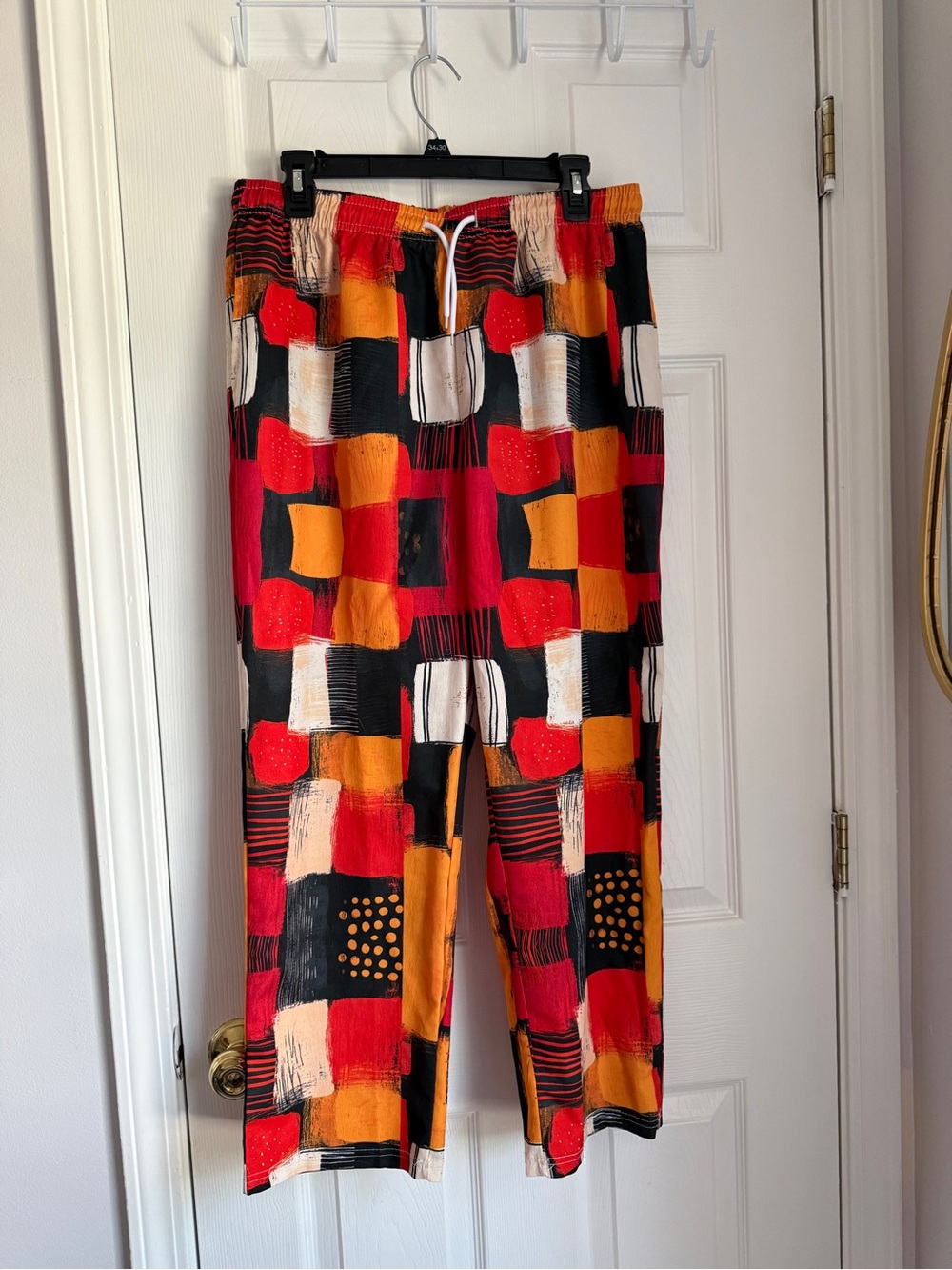 Streetwear Red & Orange Plaid Patchwork Cargo Pants Drawstring Waist Relaxed Fit